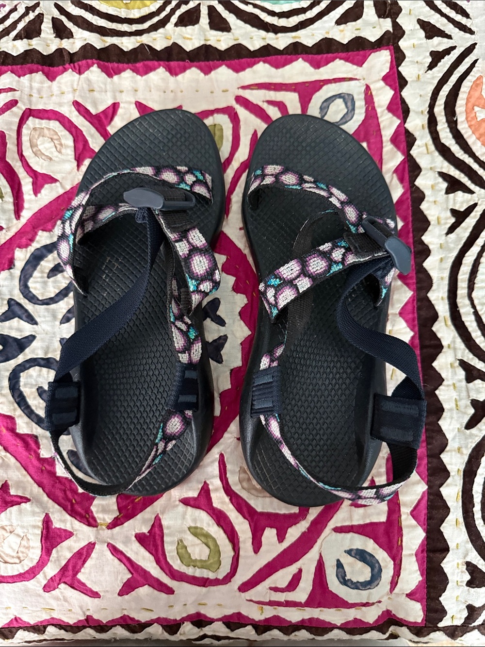 Chaco Black Sandals with purple and Teal Patterned Straps